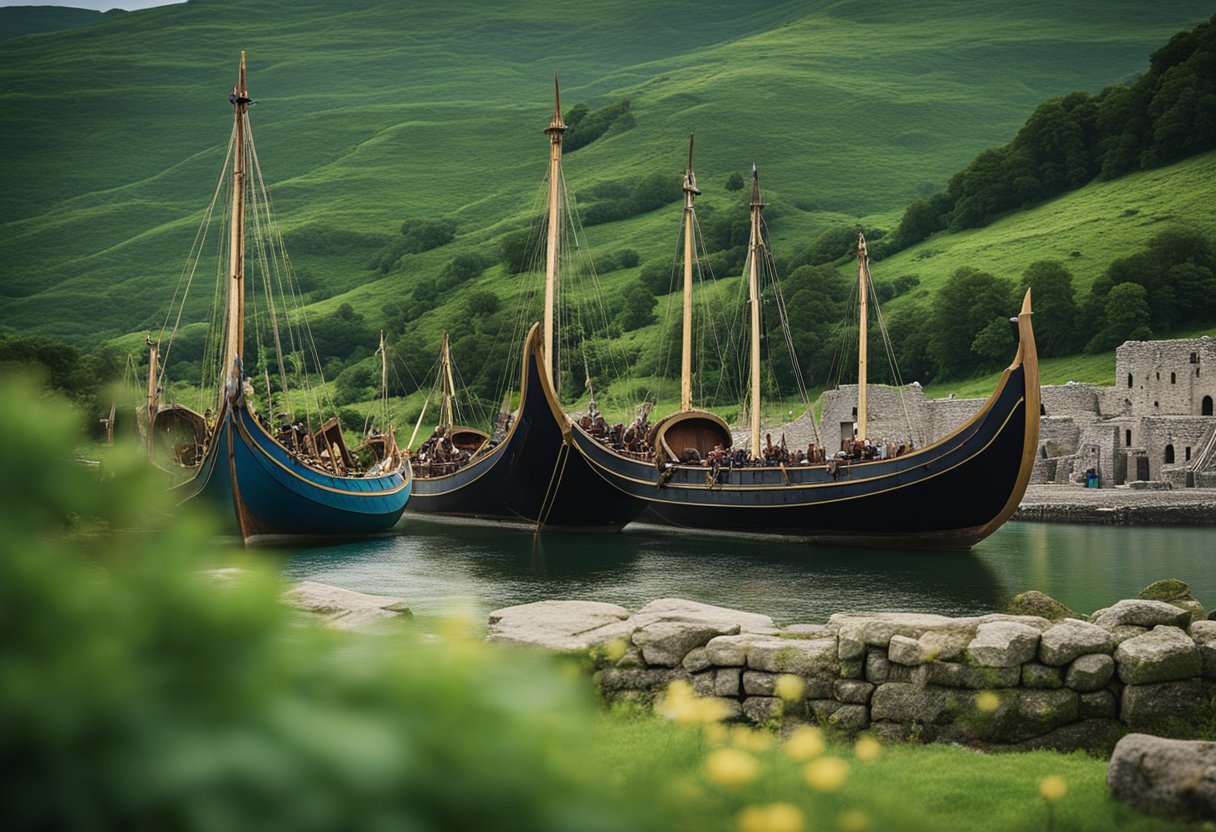 Vikings: Unveiling Historical and Filming Locations in Ireland’s Landscape - Viking ships docked at an Irish port, surrounded by lush green hills and ancient ruins. A film crew sets up to capture the historical and cultural significance of the location