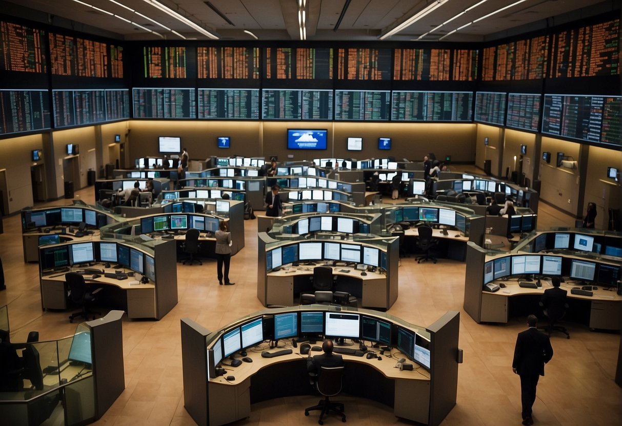 A bustling stock exchange floor with traders shouting, screens flashing, and charts filling the walls. In contrast, a serene office with analysts carefully studying bonds, options, and futures contracts