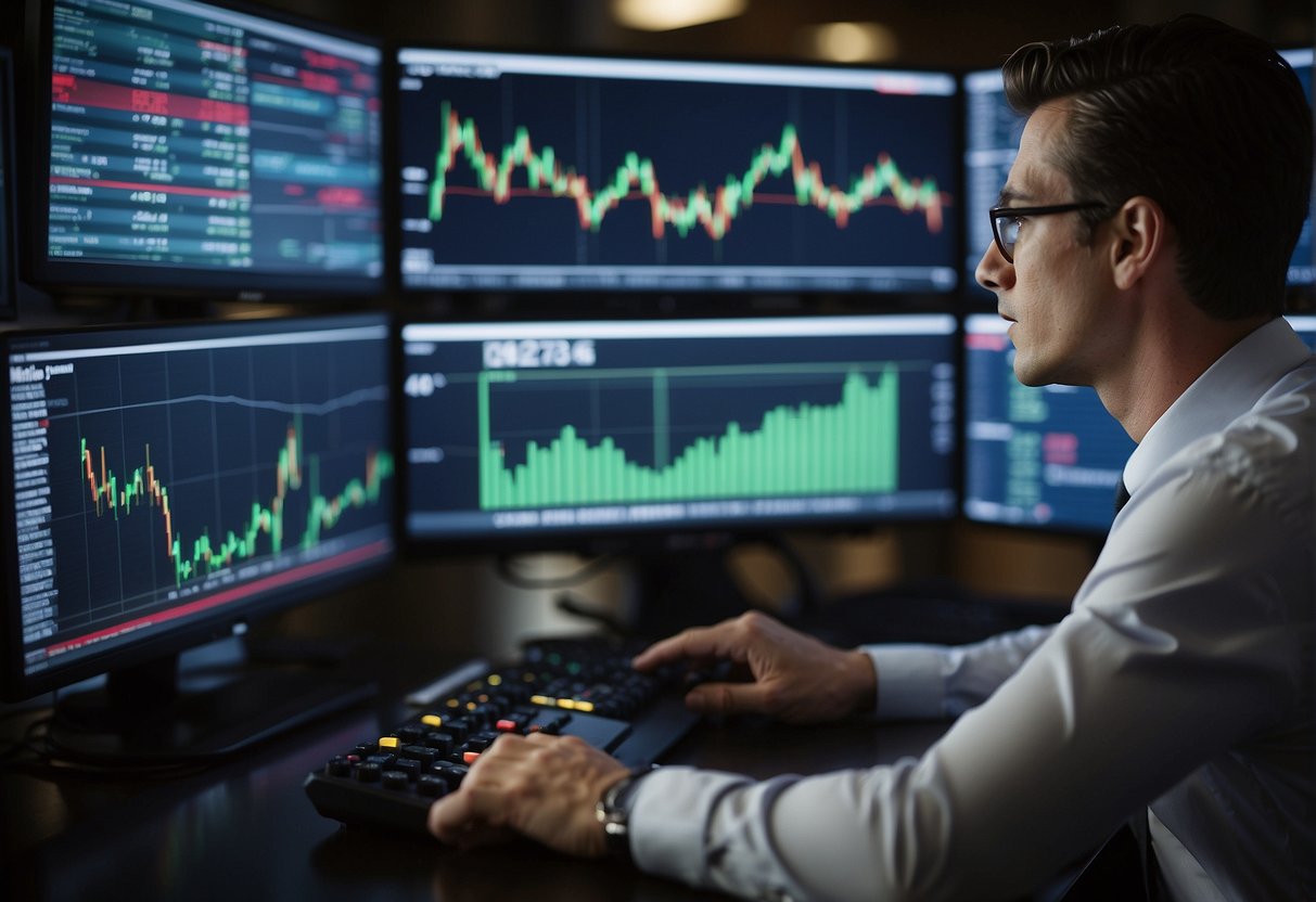 A stock market trader observes price movements on a computer screen, while a financial analyst compares stock trading to other financial instruments