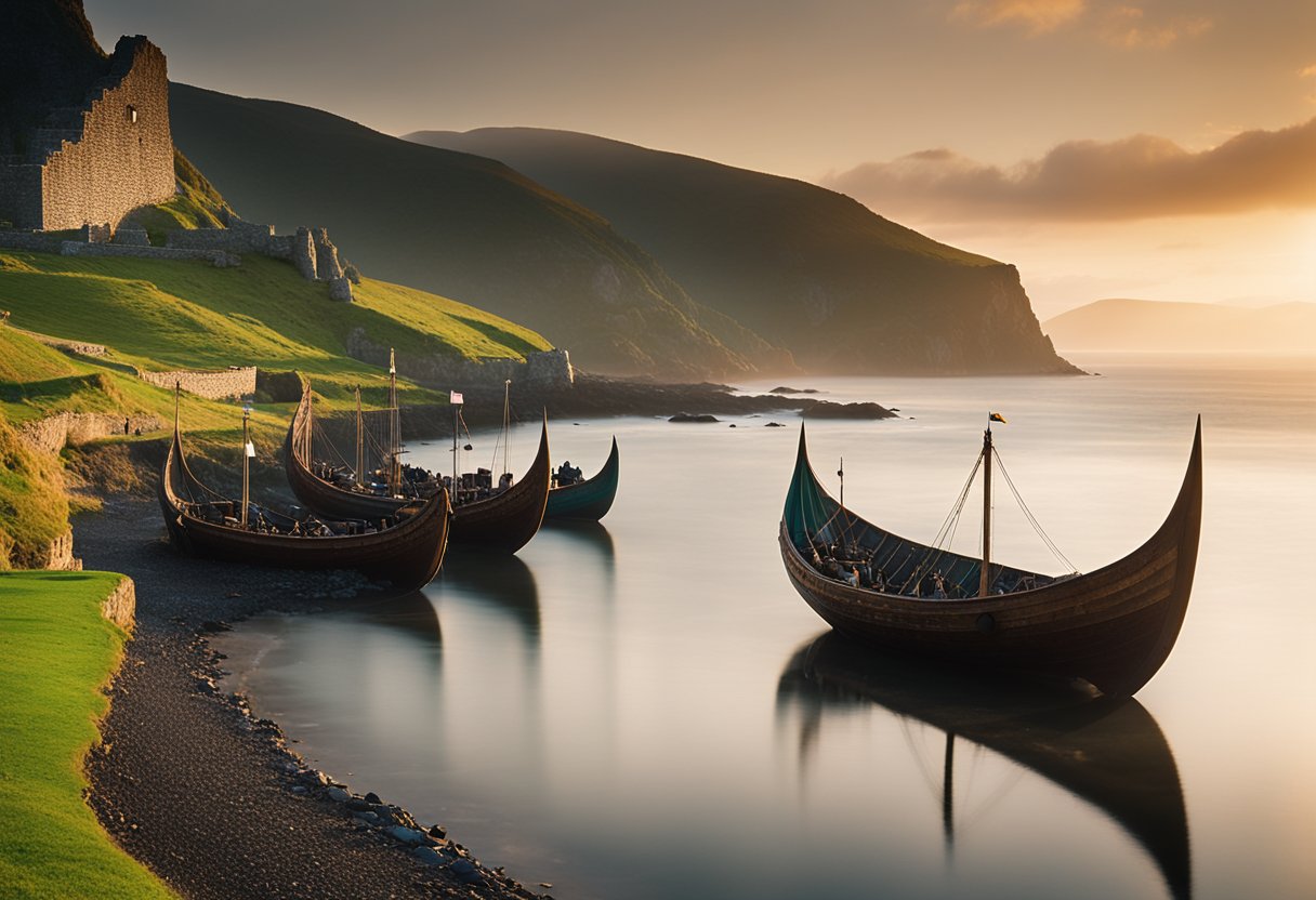 Vikings: Unveiling Historical and Filming Locations in Ireland’s Landscape - Viking ships docked along the rugged Irish coastline, with misty cliffs and rolling green hills in the background. The sun sets behind the ancient stone ruins of a medieval castle, casting a warm glow over the scene