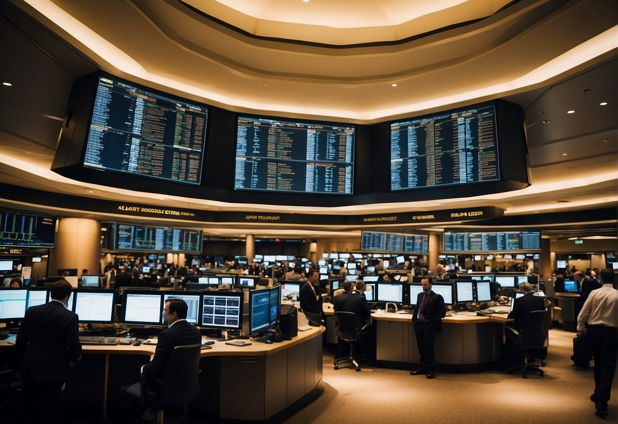 A busy stock exchange floor with traders exchanging stocks, while in another area, financial instruments like bonds and derivatives are being traded