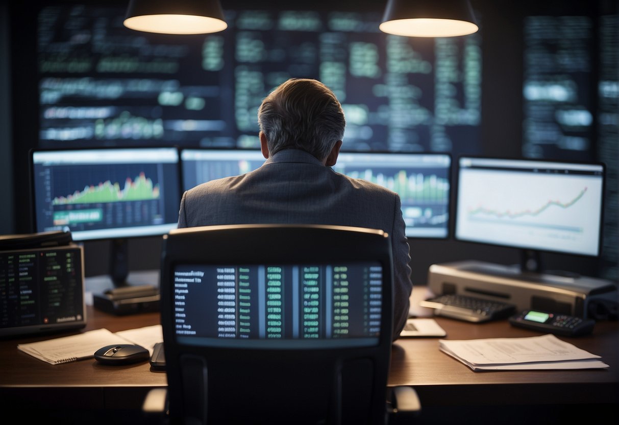 A stock trader analyzing charts and graphs, surrounded by financial reports and compliance documents
