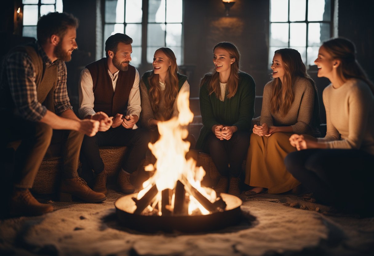 The Art of Irish Storytelling Through Song: An Exploration of Cultural Narratives - A group of people gather around a flickering fire, captivated by a storyteller's animated gestures and melodic voice. The scene exudes a sense of tradition and community, with the ancient art of Irish storytelling coming to life through song