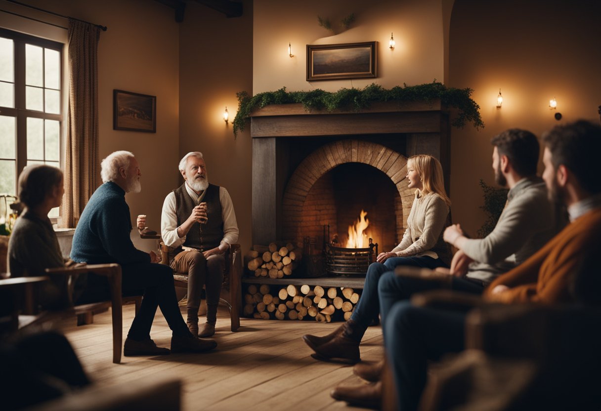 The Art of Irish Storytelling Through Song: An Exploration of Cultural Narratives - A group of people gather around a cozy fireplace, listening to a storyteller singing traditional Irish songs. The room is filled with warmth and laughter as the tales come to life through the music