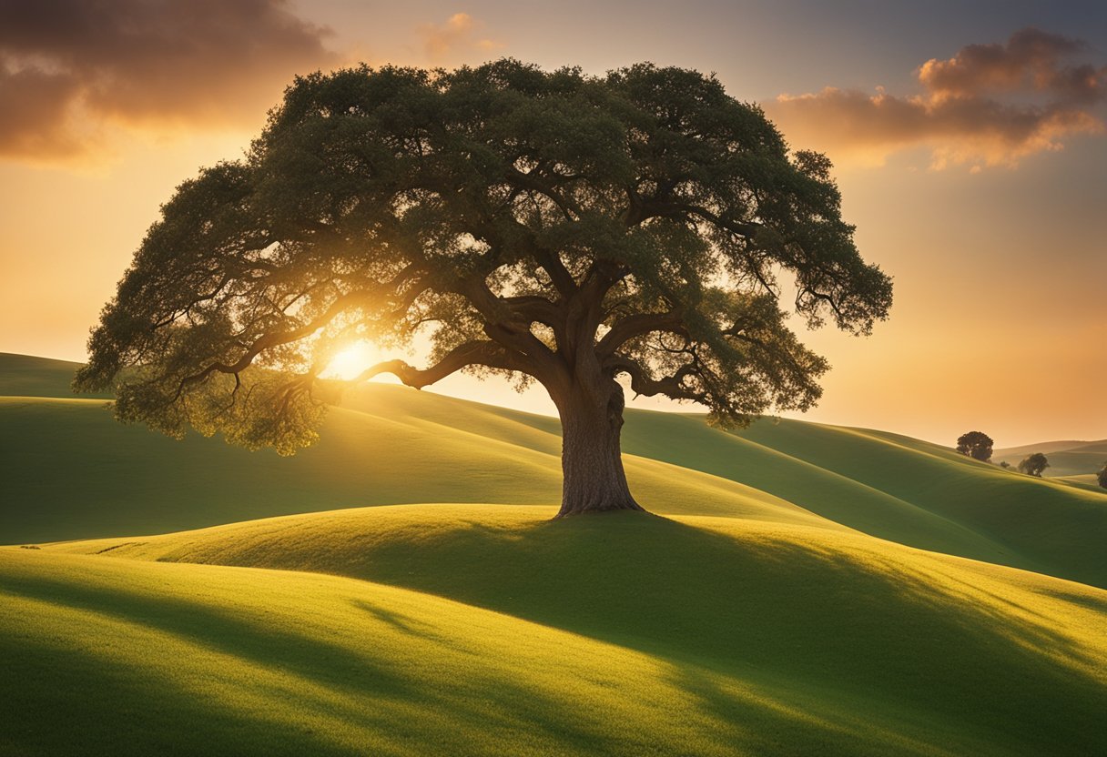 The Art of Irish Storytelling Through Song: An Exploration of Cultural Narratives - Rolling green hills under a golden sunset, with a lone, ancient oak tree standing tall against the vibrant sky