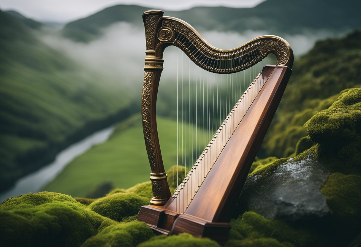 The Art of Irish Storytelling Through Song: An Exploration of Cultural Narratives - An old Irish harp rests on a moss-covered stone, surrounded by lush greenery and a misty, ancient landscape