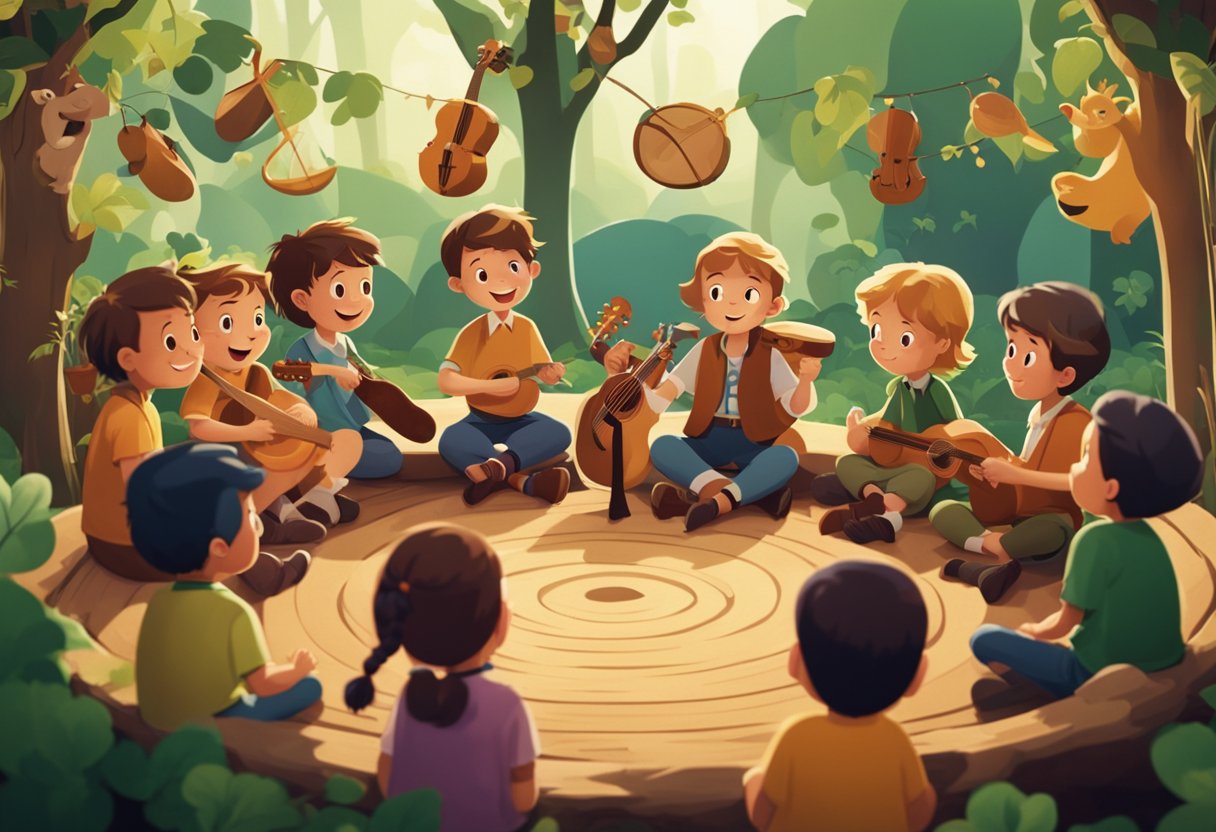 The Art of Irish Storytelling Through Song: An Exploration of Cultural Narratives - A group of children sit in a circle, captivated by a storyteller singing Irish tales. The room is filled with colorful illustrations of folklore and musical instruments