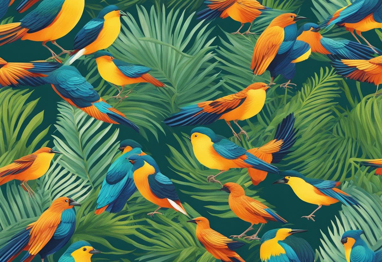 Birds dancing in synchronized patterns, displaying vibrant plumage, and mimicking human speech in a lush, tropical setting