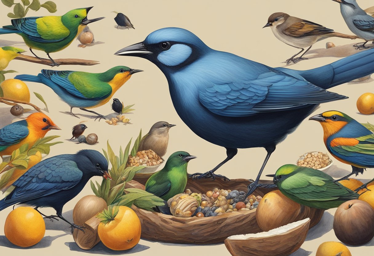 Birds swarming around a pile of food, some pecking at strange items like insects, fruits, and even small fish. One bird stands out, using its beak to crack open a nut while others watch