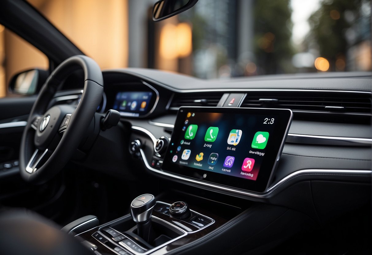 A car dashboard with both Apple CarPlay and Android Auto interfaces displayed, showing compatibility and integration between the two systems