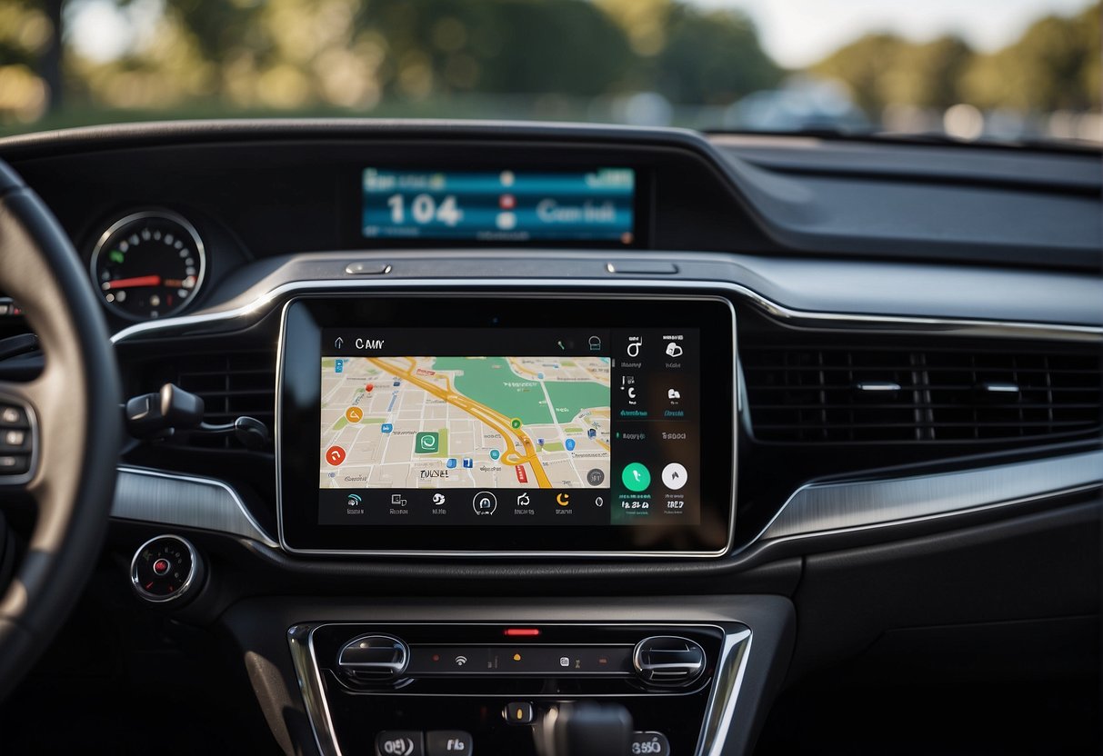 A car dashboard with Apple CarPlay and Android Auto interfaces displayed on the touchscreen. Icons for music, navigation, and messaging are visible