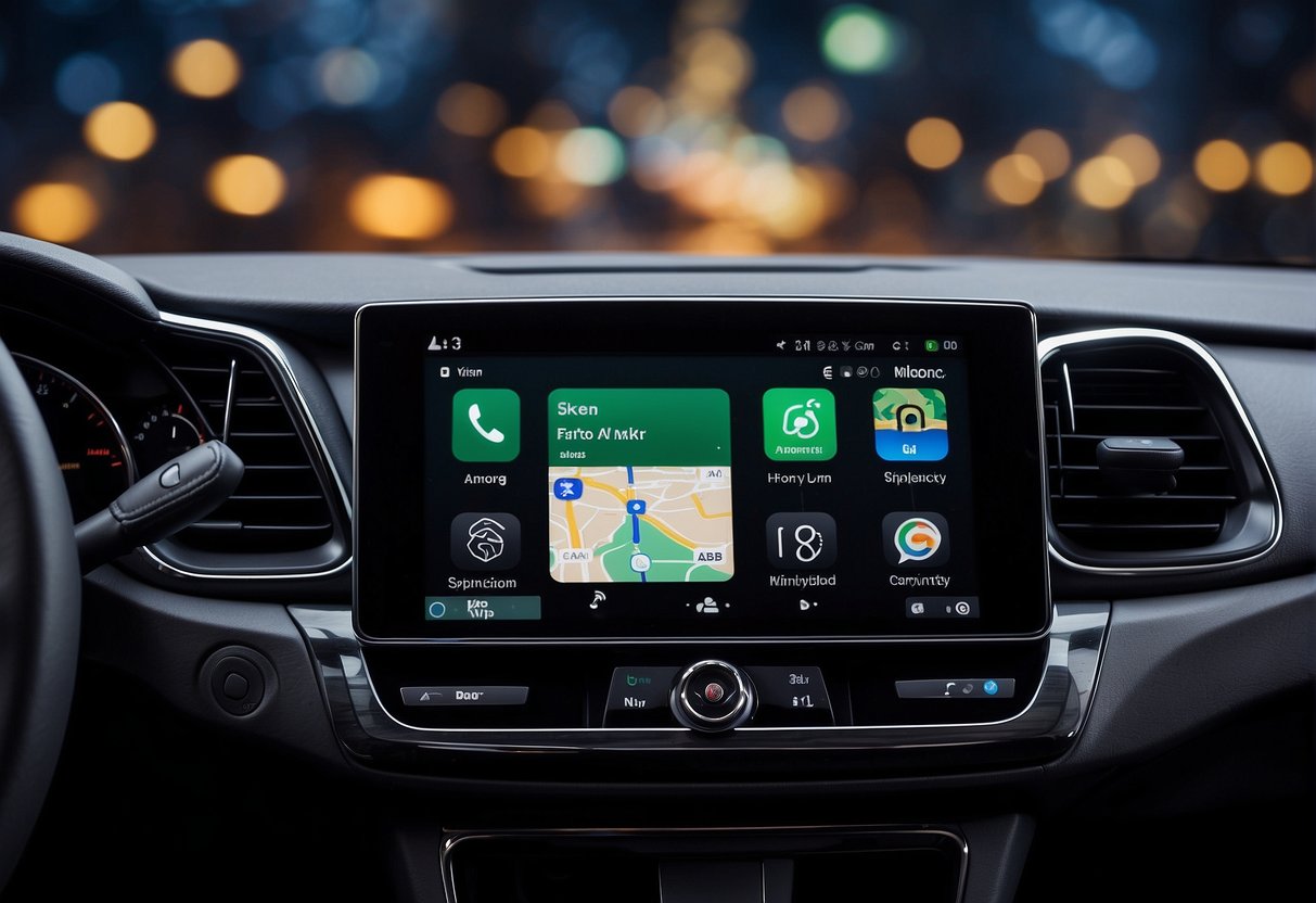 A car dashboard with Apple CarPlay and Android Auto displayed on a touchscreen, with various app icons and navigation options visible