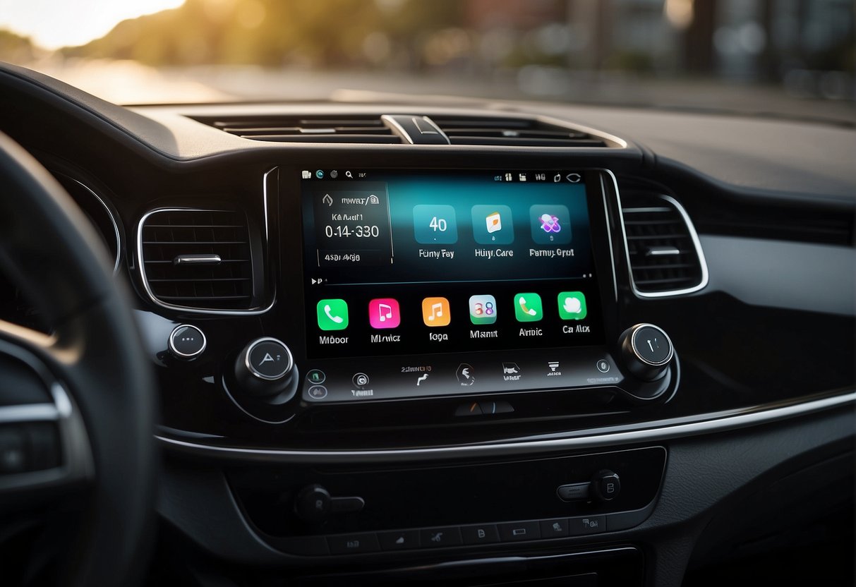 A car dashboard with Apple CarPlay and Android Auto displayed on the touchscreen, surrounded by various buttons and controls