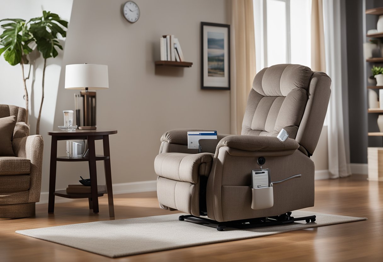 A lift chair sits in a cozy living room, next to a table with Medicare paperwork. The chair is positioned for easy access, with a remote control on the armrest