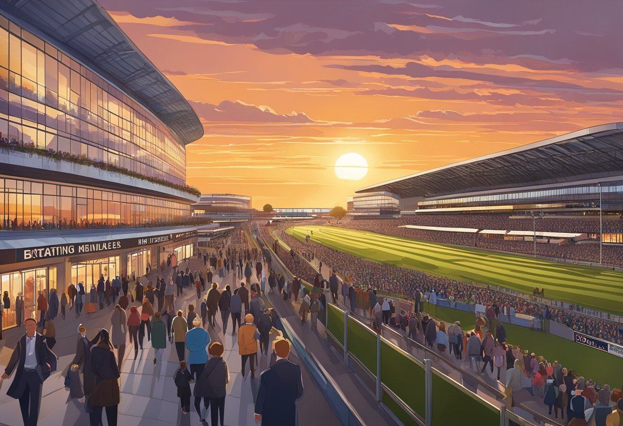 The sun sets behind the iconic Aintree Racecourse, casting a warm glow on the nearby hotels. The bustling streets are filled with excited racegoers, making their way to the Grand National 2024