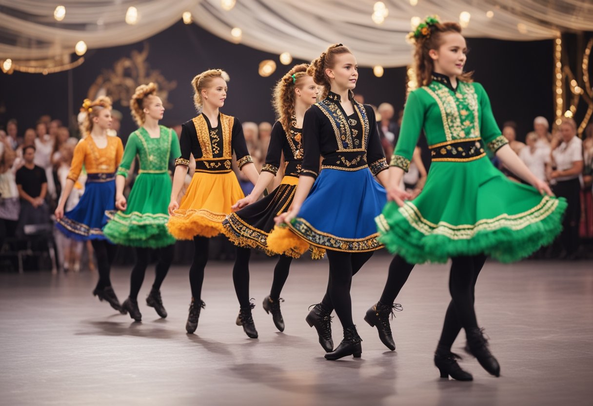 A group of Irish dancers in traditional attire perform intricate footwork on a stage, with colorful costumes and elaborate hairstyles