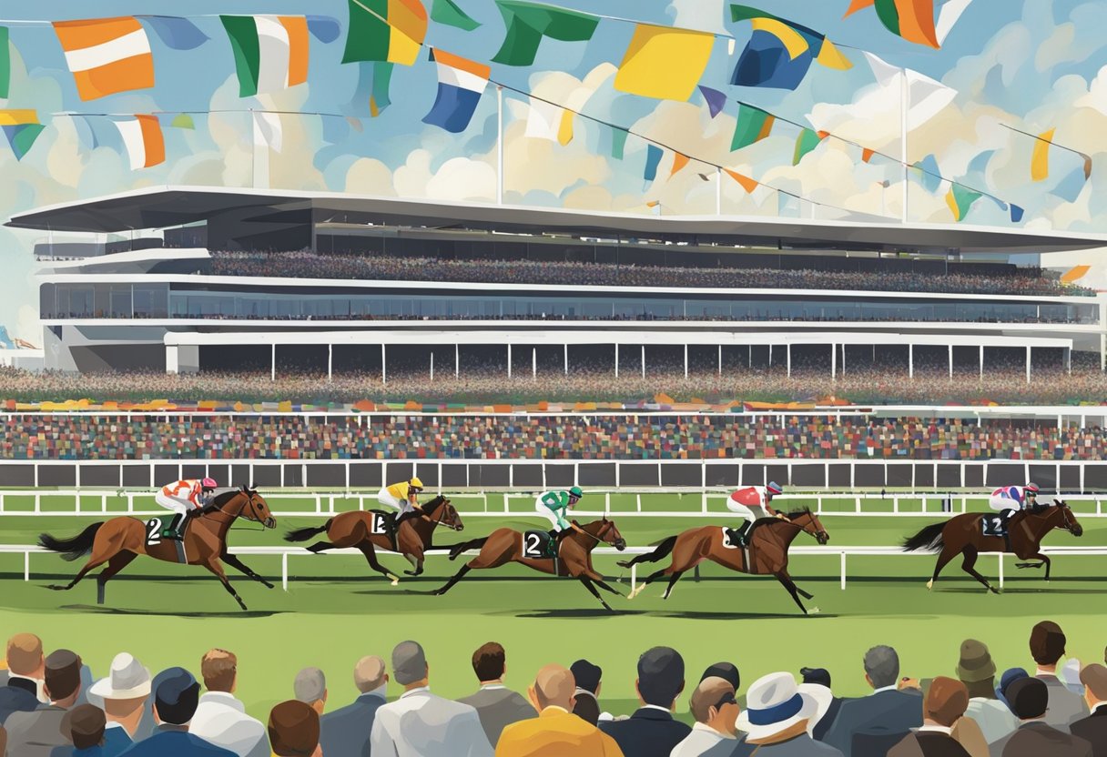 The Aintree Racecourse buzzes with excitement during the Grand National Festival. Spectators fill the stands, while colorful flags flutter in the breeze. Nearby hotels offer a convenient retreat for racegoers