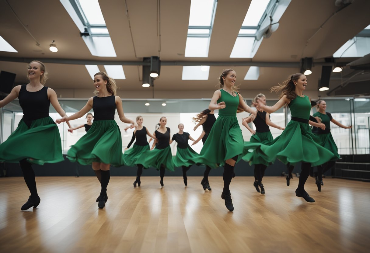 A group of dancers perform traditional Irish jigs, transitioning into modern steps with intricate footwork and dynamic movements