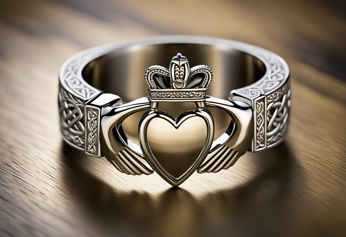 A jeweler meticulously engraves intricate Celtic knots onto a silver Claddagh ring, showcasing the exquisite craftsmanship of Irish jewelry