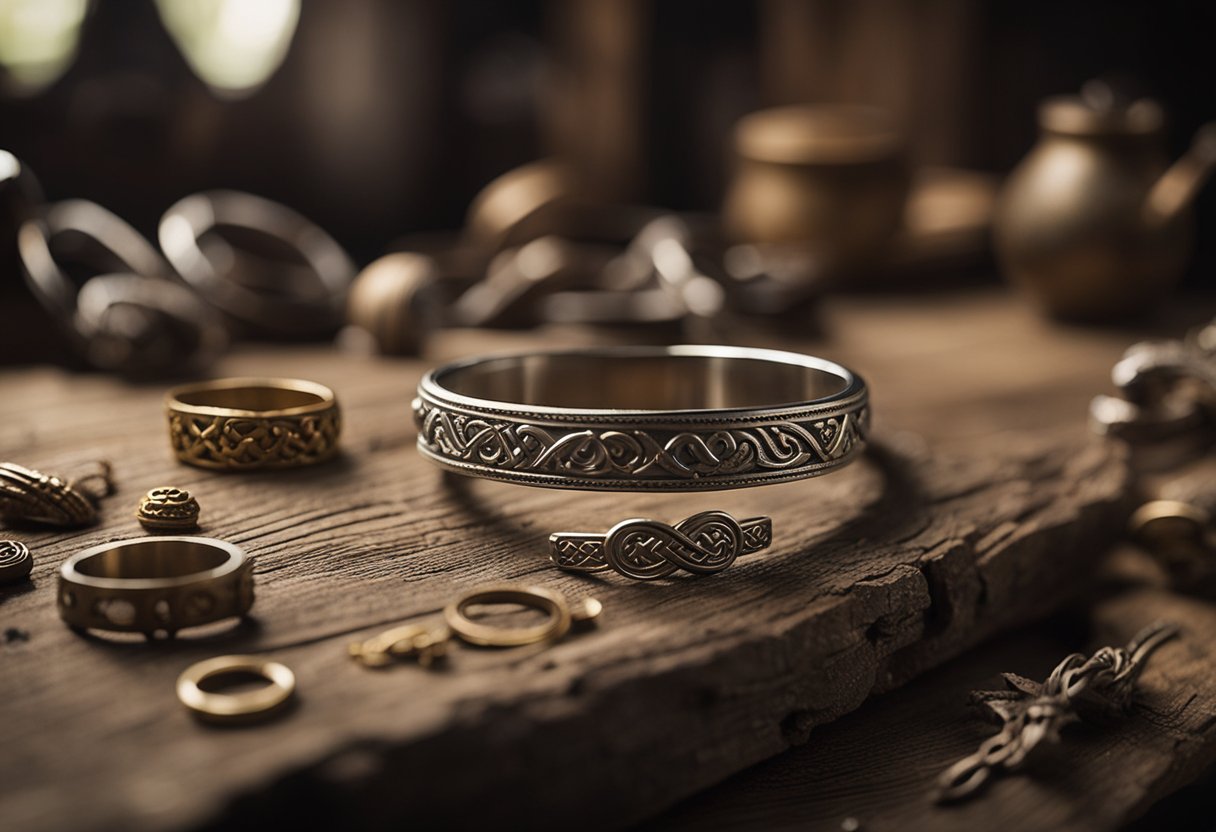 An ancient Irish workshop, tools scattered on a worn wooden table. Intricate Claddagh rings and Celtic knots adorn the walls, showcasing the rich craftsmanship of Irish jewelry