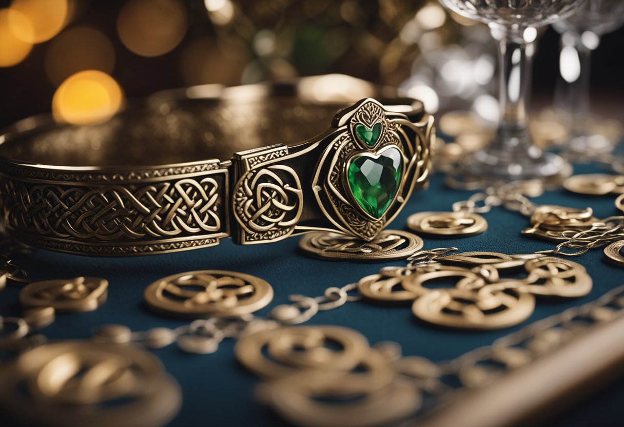 A table adorned with intricate Claddagh rings and Celtic knot designs, surrounded by folklore and legend-inspired elements
