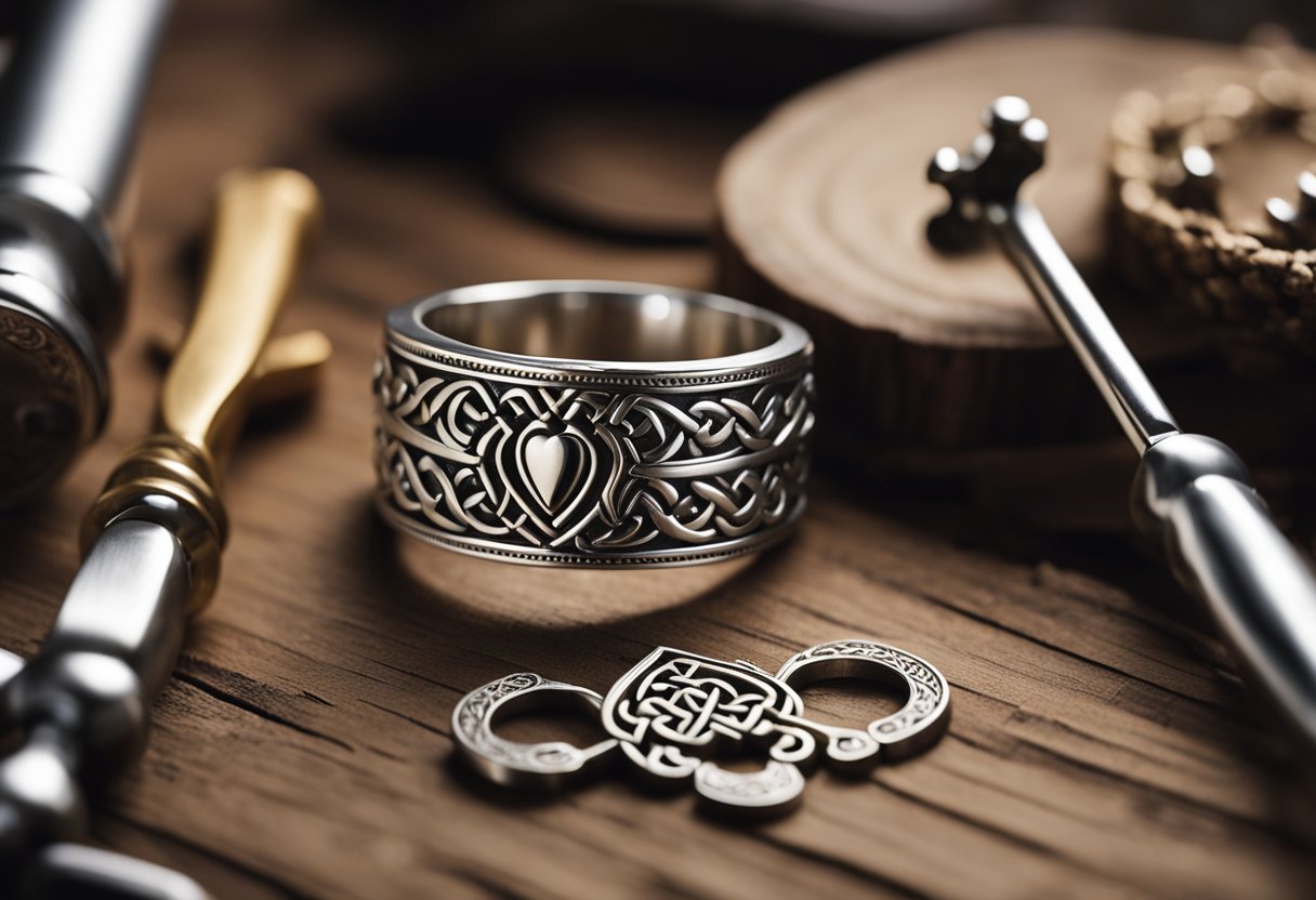 A jeweler meticulously engraves intricate Celtic knots onto a silver Claddagh ring, surrounded by various tools and materials on a wooden workbench
