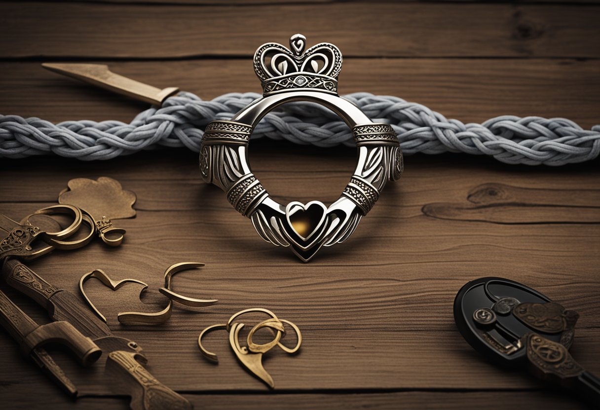 An intricate Claddagh ring and a detailed Celtic knot are displayed on a rustic wooden table, surrounded by traditional Irish symbols and tools