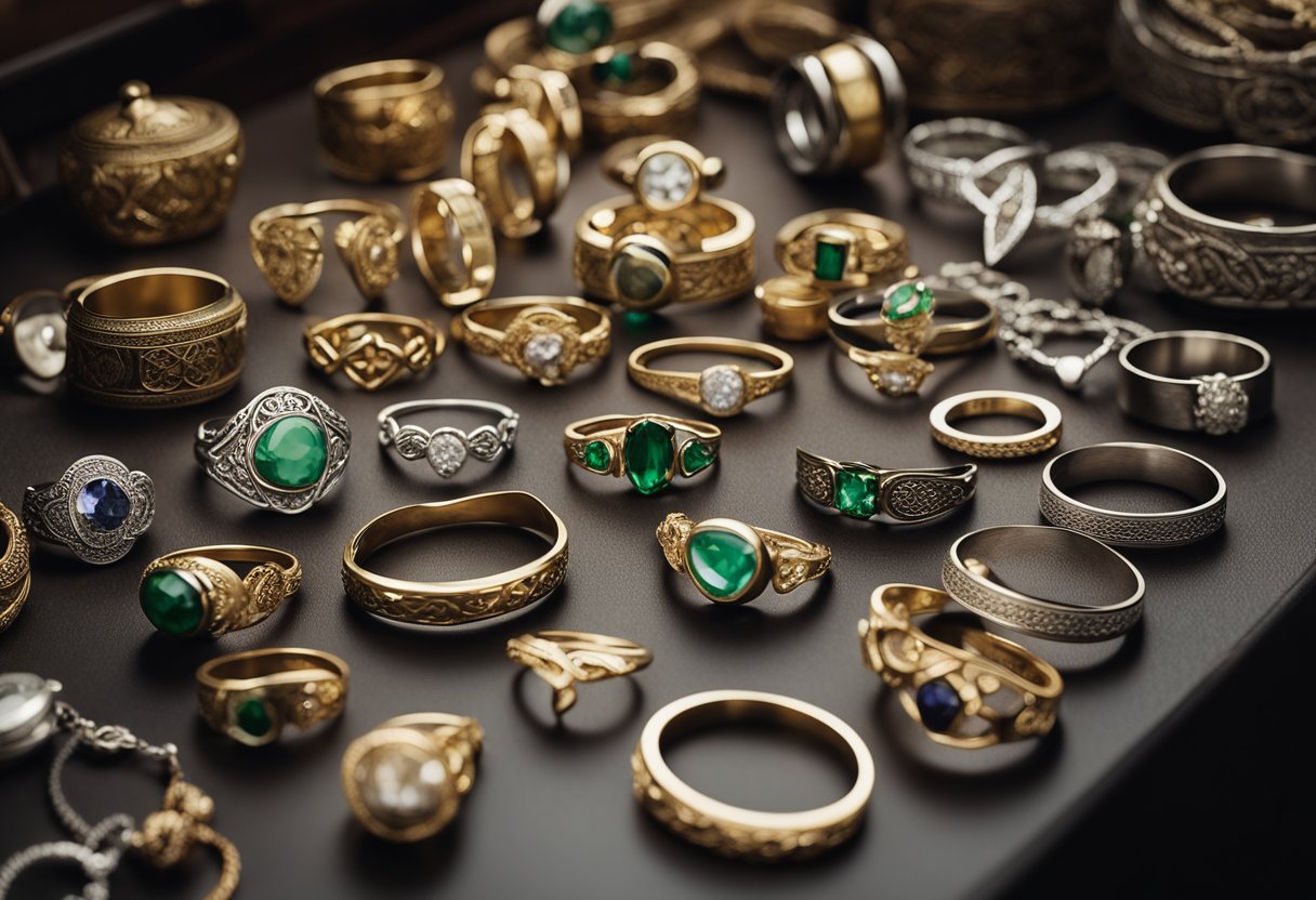 A table displaying various Irish jewelry pieces, including Claddagh rings and Celtic knots, with intricate designs and craftsmanship