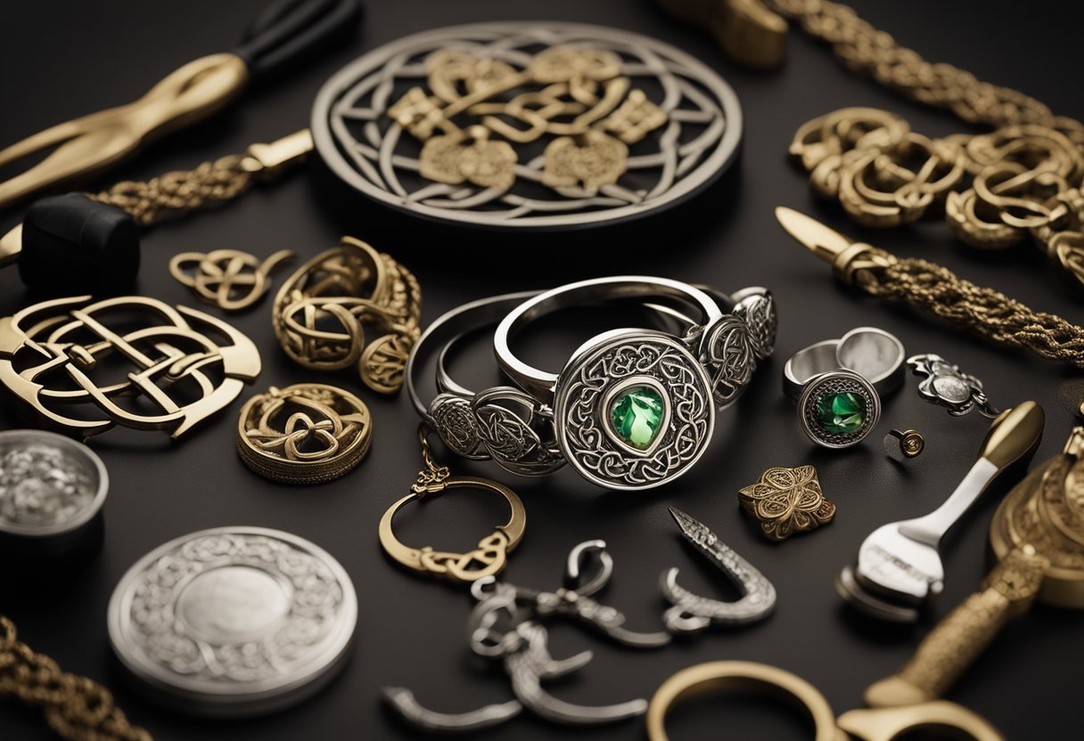 A table adorned with intricate Claddagh rings and Celtic knot jewelry, surrounded by tools and materials used in the craftsmanship process