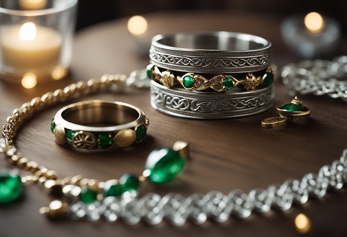 A table adorned with traditional Irish jewelry, including Claddagh rings and Celtic knots, displayed under soft lighting in a cozy workshop setting