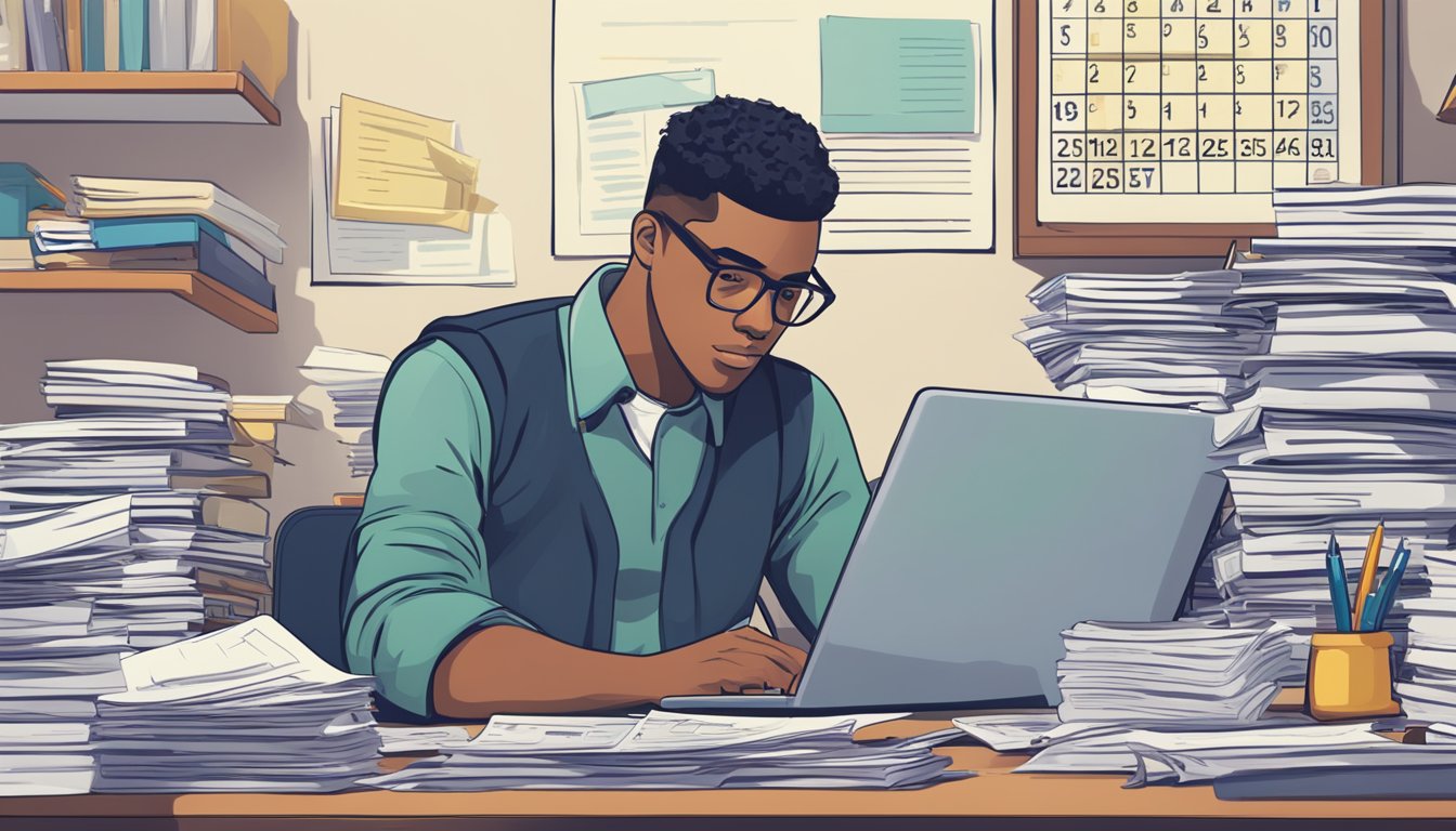 A student sits at a desk, surrounded by paperwork and a laptop. A calendar on the wall marks payment due dates. A stack of bills and a calculator are nearby, conveying the stress of managing student loan repayment