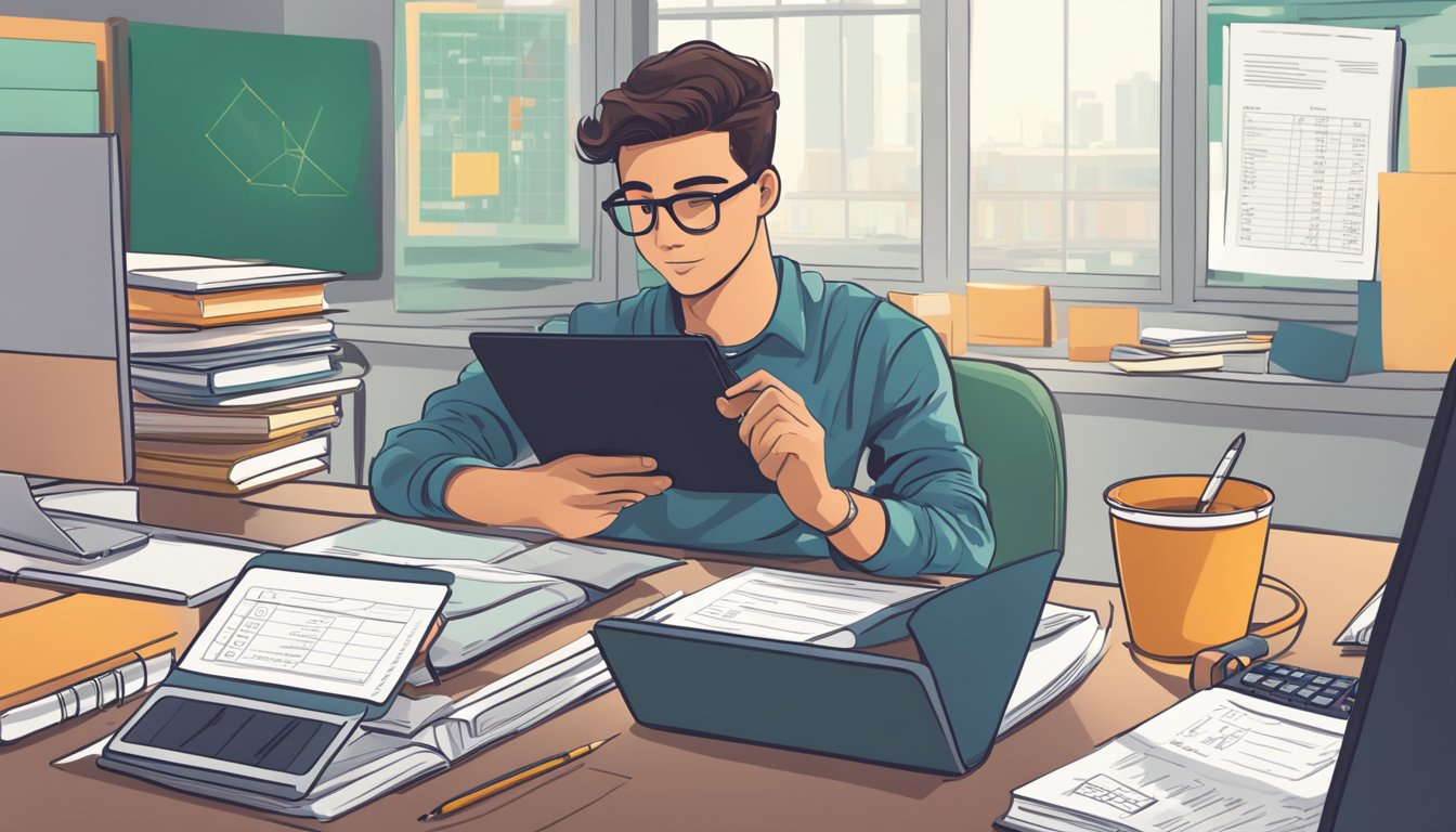 A student sits at a desk, surrounded by textbooks and a laptop. A calculator and budgeting spreadsheet are open, with a list of expenses and a student loan agreement nearby