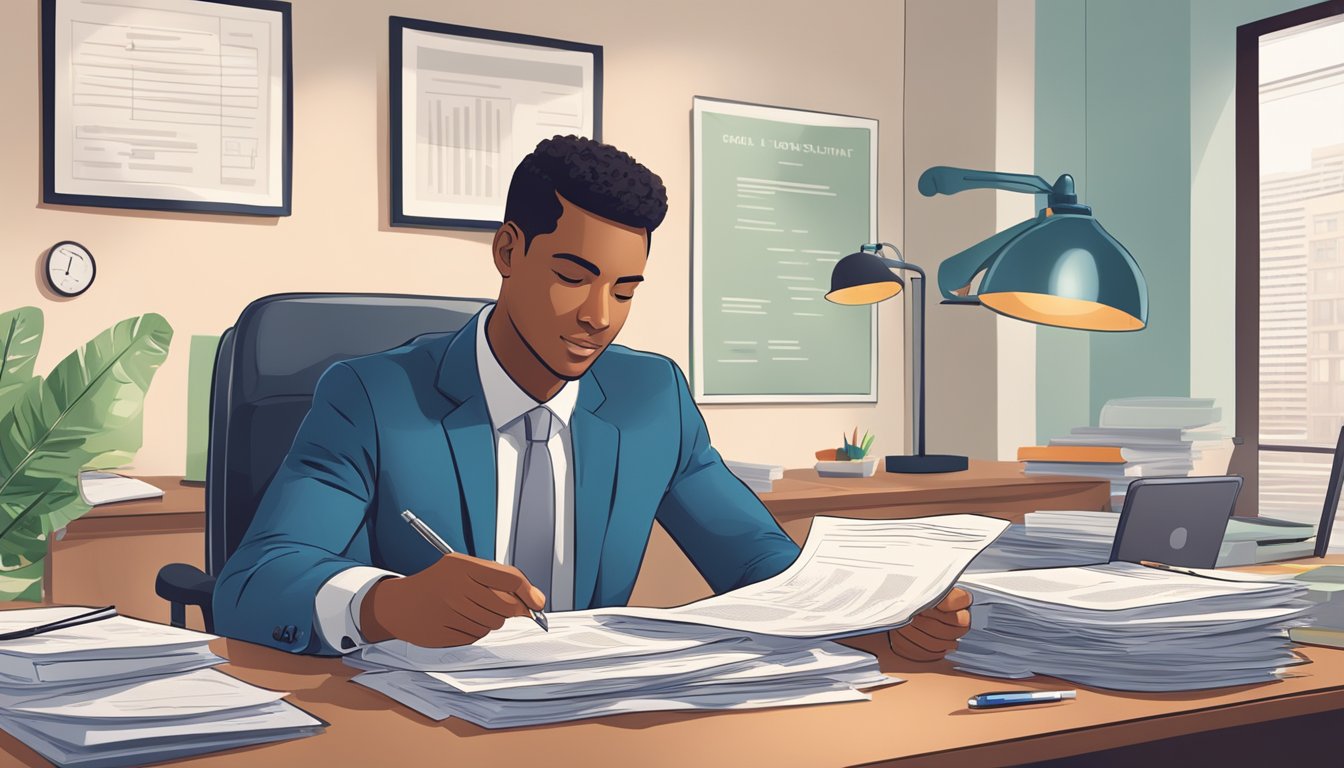 A student loan officer reviews credit scores and financial documents at a desk in a well-lit office
