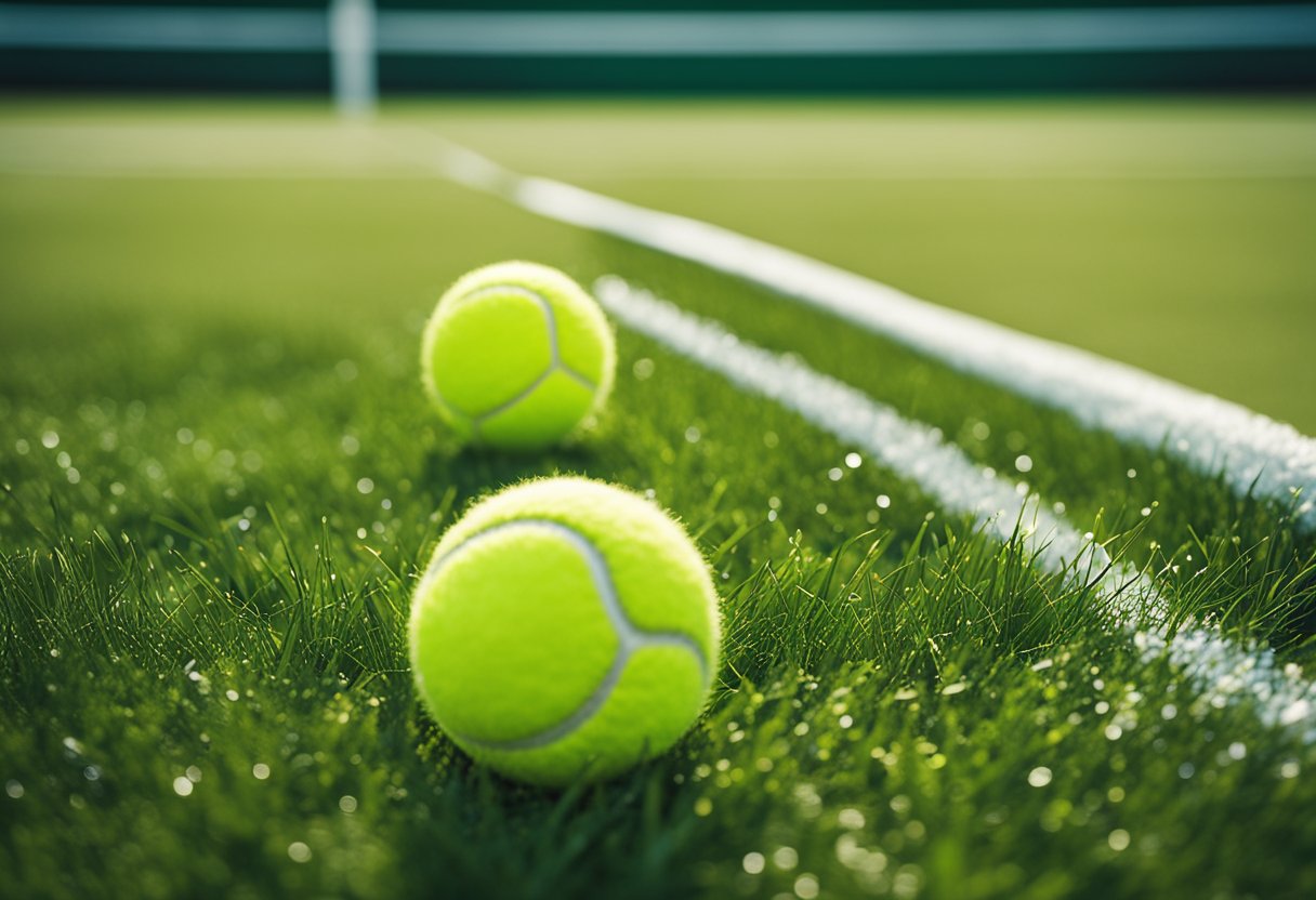 Pressureless tennis balls scattered on a grass court, with a racket lying nearby