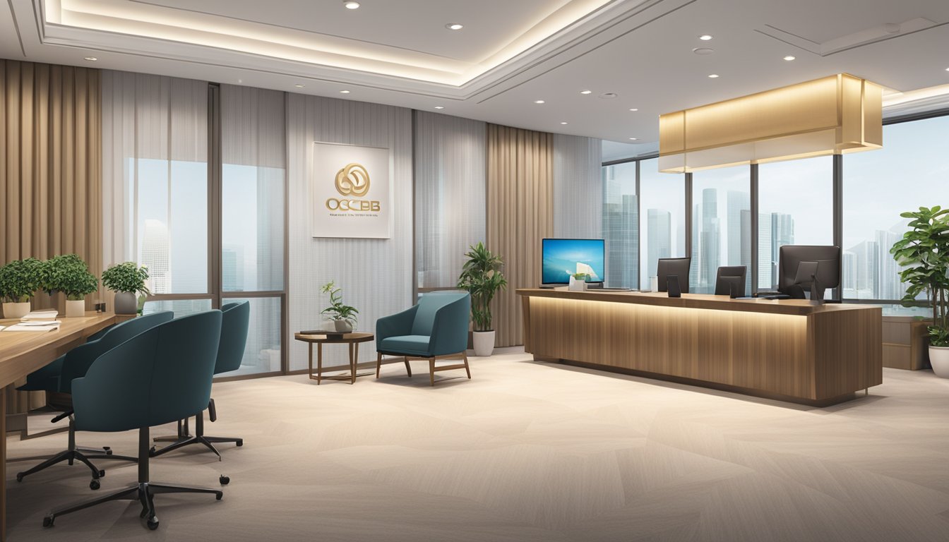 A luxurious office setting with the OCBC Premier Banking logo prominently displayed, showcasing the exclusive benefits offered to clients in Singapore