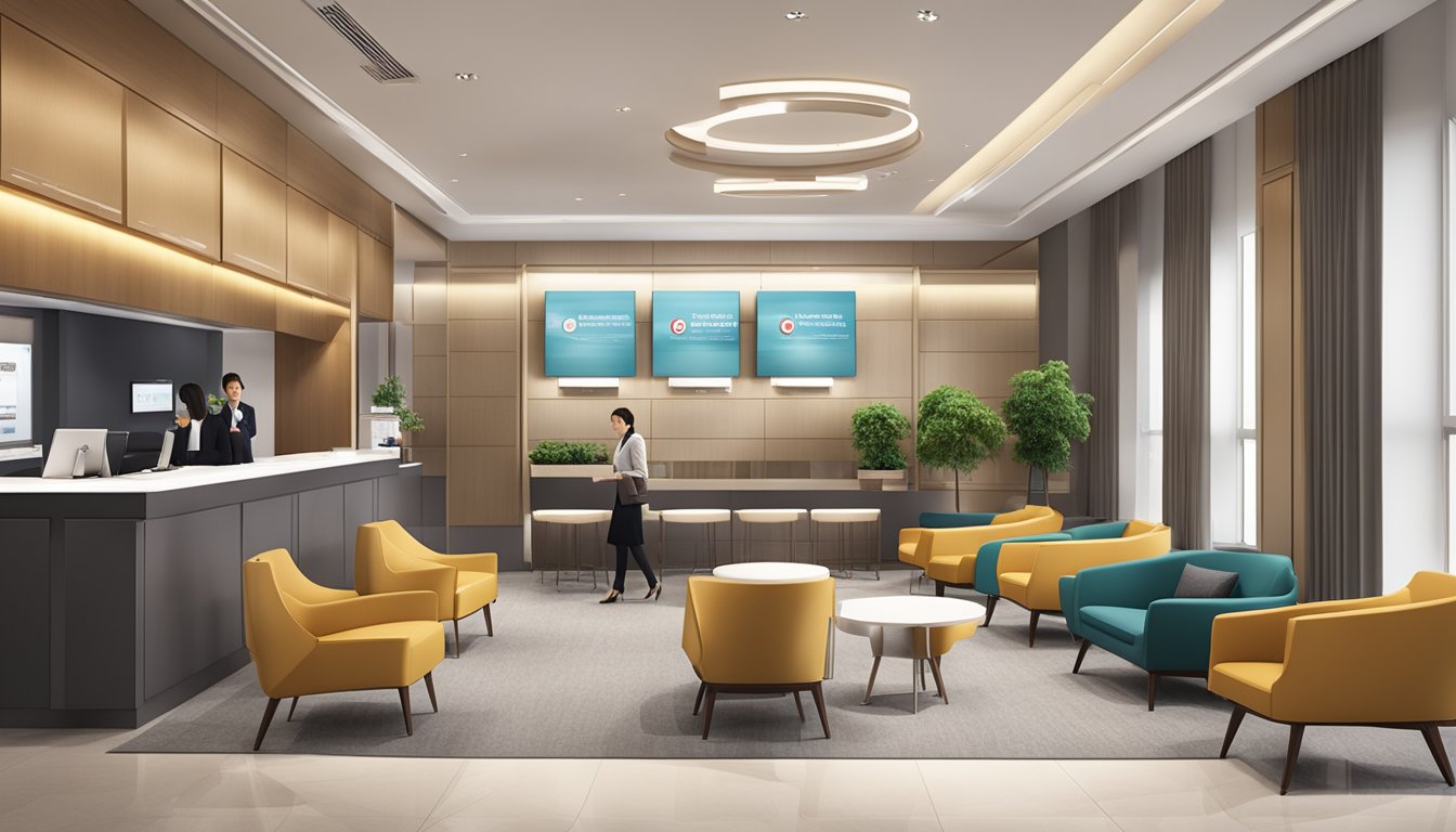 A luxurious, modern bank branch with sleek design, comfortable seating, and personalized service counters. The OCBC Premier Banking logo prominently displayed