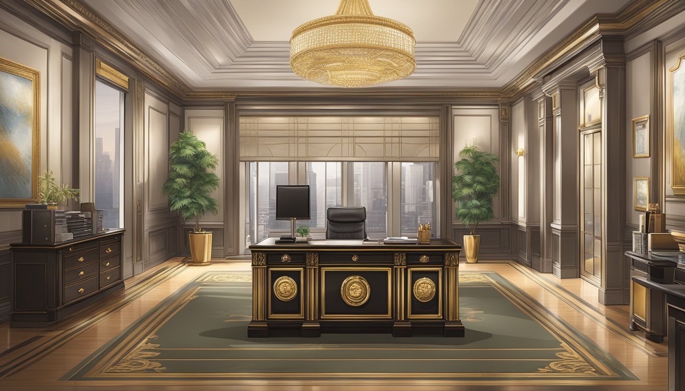 A luxurious office setting with a sleek, modern design. A large, ornate safe symbolizes wealth accumulation. A desk displays investment options and financial documents. The scene exudes sophistication and exclusivity