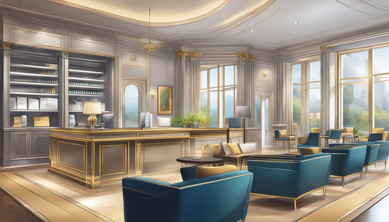 A luxurious bank setting with exclusive perks displayed, such as personalized service, priority access, and tailored financial solutions