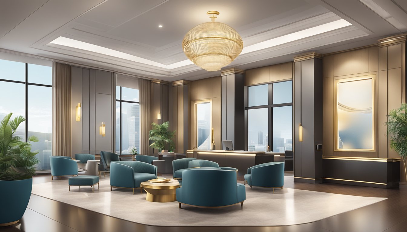 A luxurious, modern bank setting with a sleek, sophisticated atmosphere and a focus on personalized wealth management services