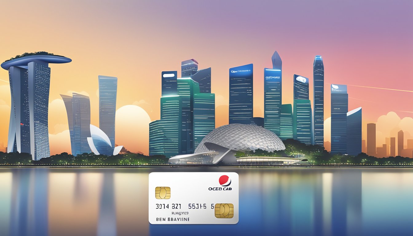 A sleek and modern credit card with the OCBC Premier Banking logo, set against a backdrop of the Singapore skyline