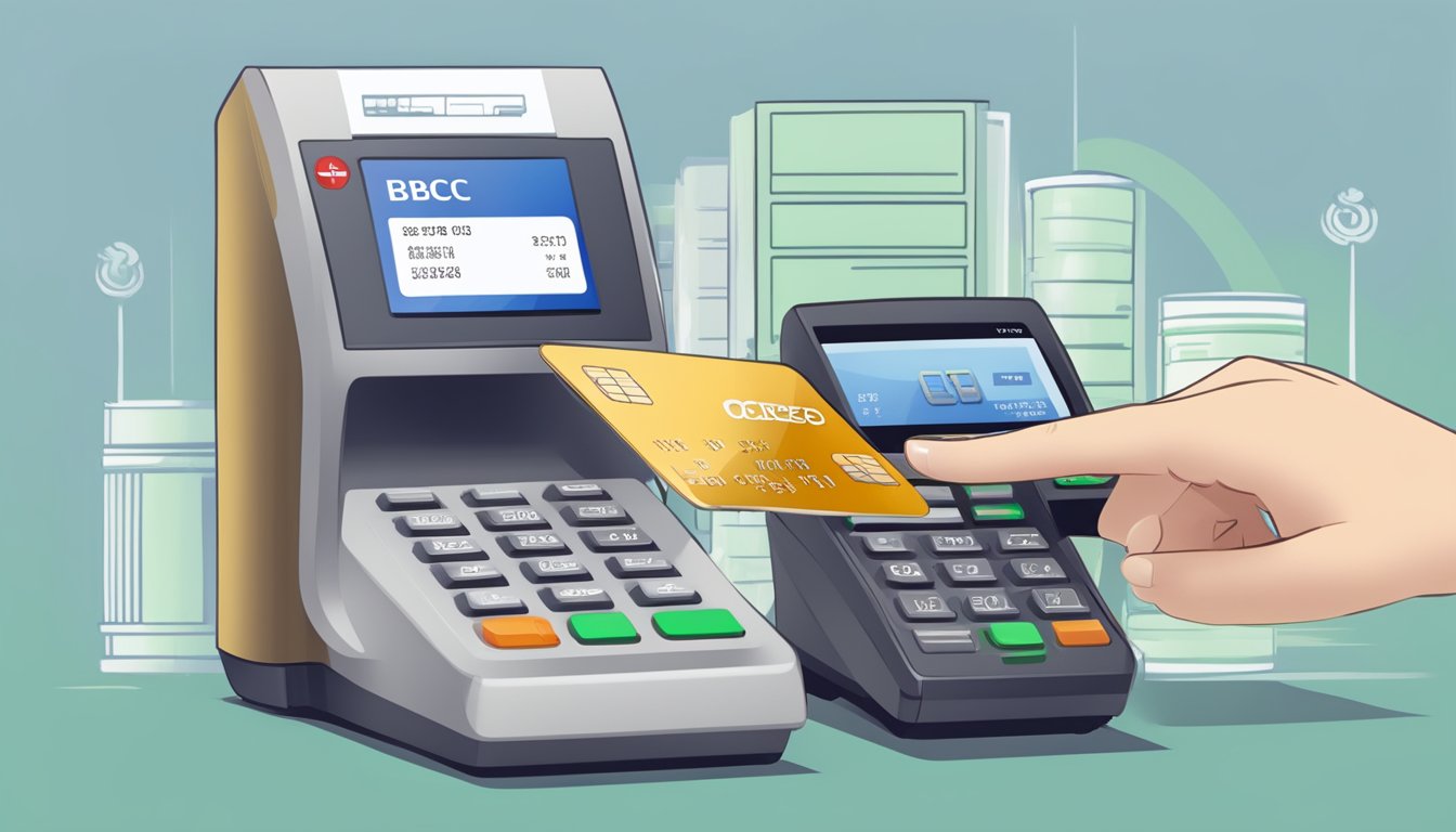 A person swiping an OCBC Premier Banking credit card at a payment terminal, with a list of fees and charges displayed on the screen