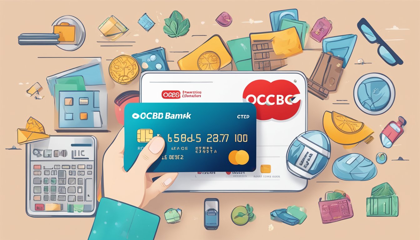 A hand holding an OCBC Premier Banking credit card with various rewards such as travel, dining, and shopping icons floating around it