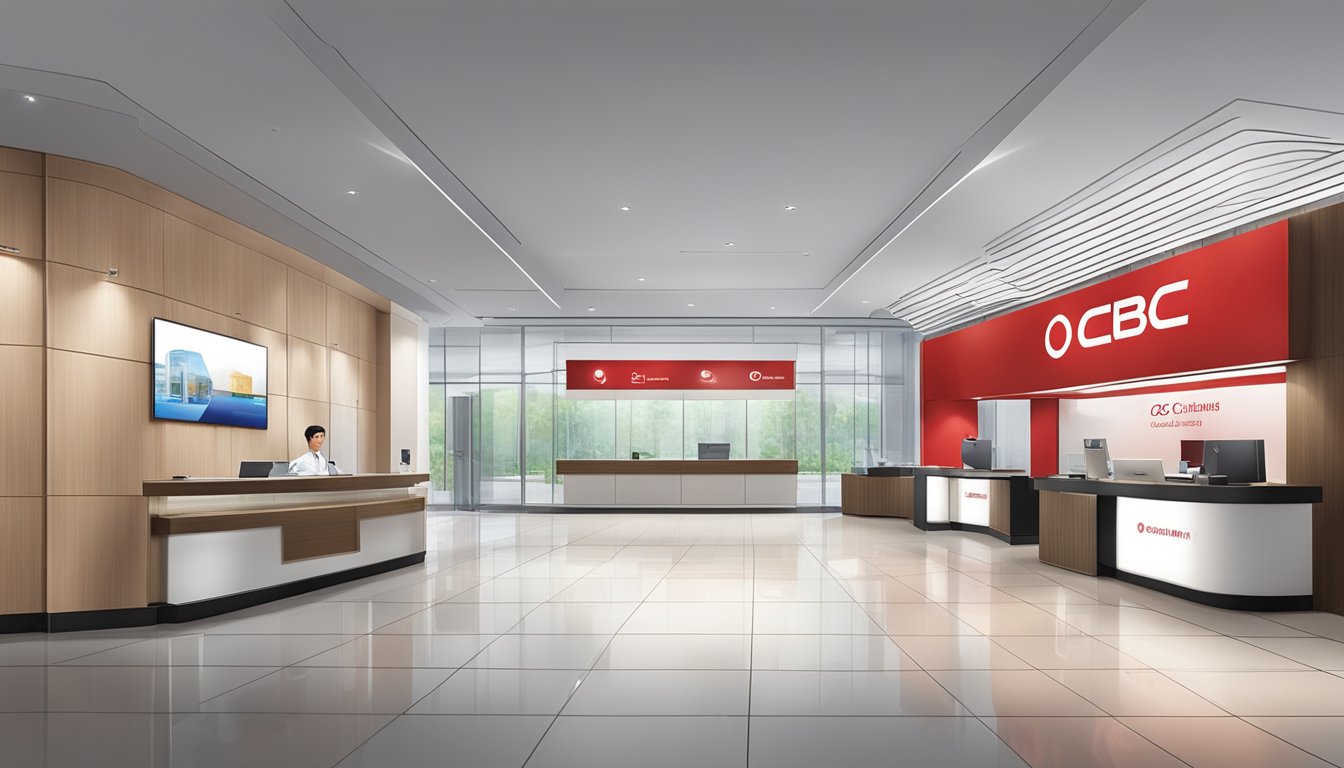 A sleek, modern bank branch with the OCBC Premier Banking logo prominently displayed. The interior exudes sophistication and professionalism, with a focus on personalized service