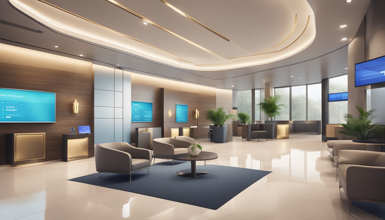 A luxurious bank setting with modern decor, a sleek and spacious layout, and a professional atmosphere. The logo prominently displayed, and digital screens showcasing financial information