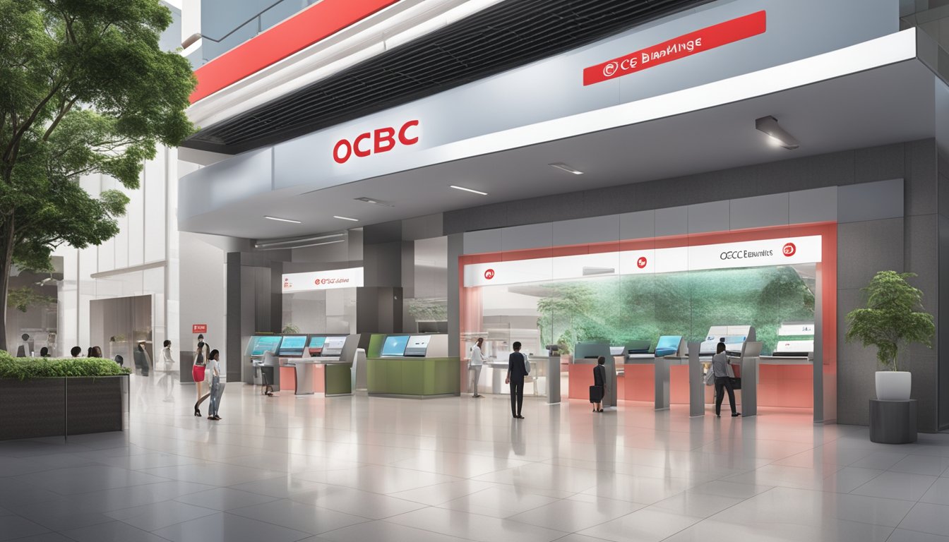 A modern, sleek bank branch with the OCBC Premier Banking logo prominently displayed. A digital screen shows the current interest rates for Singapore