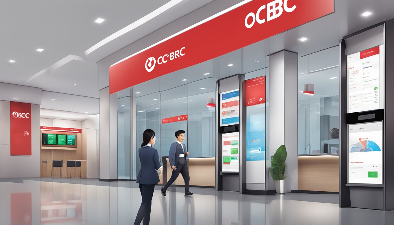 A modern bank branch with digital screens displaying OCBC Premier Banking services, and a sleek logo prominently featured
