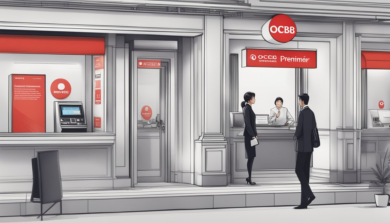A sleek, modern bank branch with a prominent "OCBC Premier Banking" sign, customers engaged in conversations with staff, and a digital display showing current interest rates