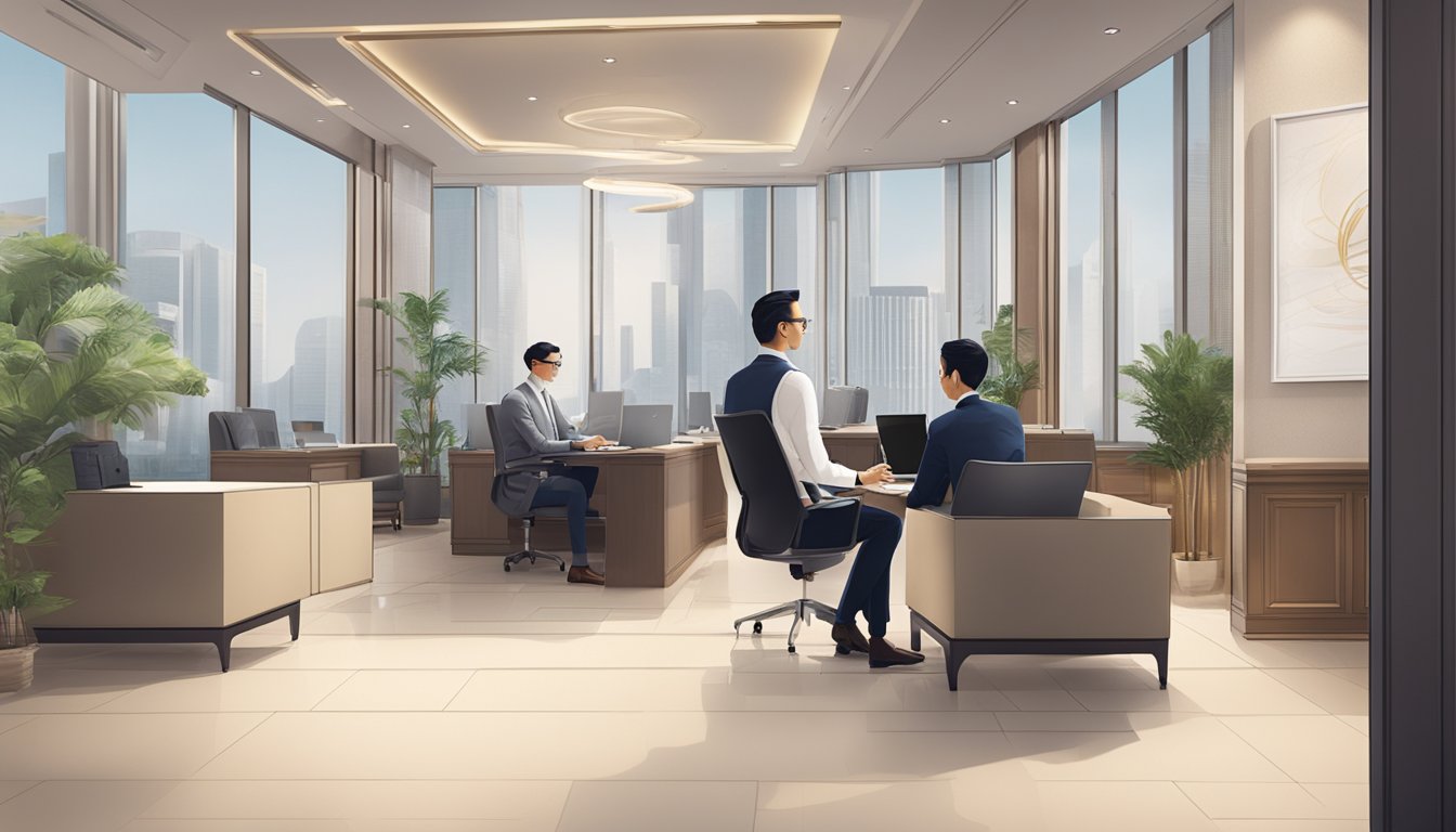 A luxurious office setting with the OCBC Premier Banking logo prominently displayed, and a well-dressed individual discussing financial services with a banker
