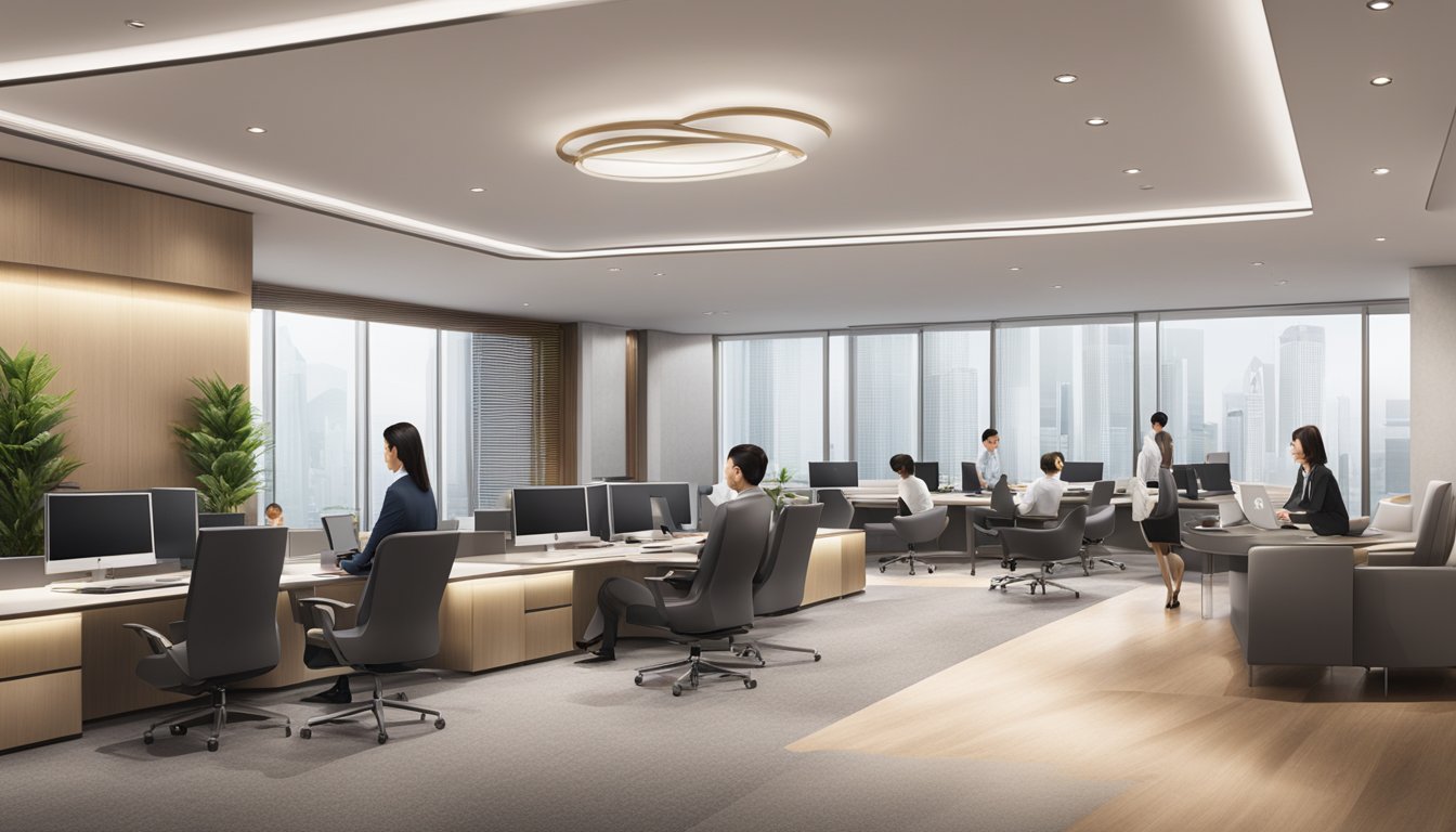 A luxurious office setting with the OCBC Premier logo prominently displayed, a sleek and modern design, and professional staff attending to affluent clients