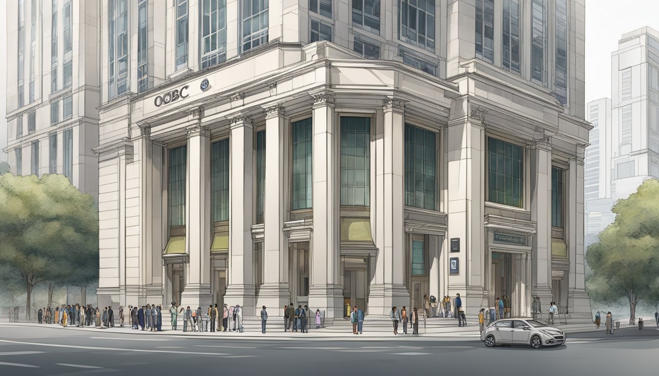 A prestigious-looking bank building with the OCBC Premier logo displayed prominently at the entrance. A line of well-dressed individuals waits patiently to enter